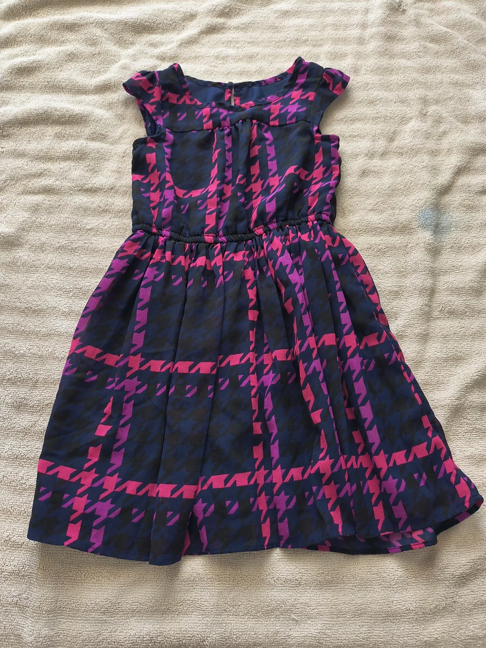 Girls Navy and Hot Pink Patterned Houndstooth Dress